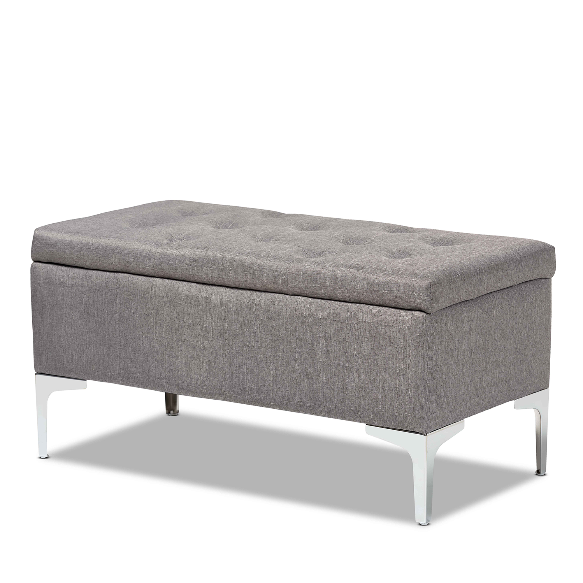 Baxton Studio Mabel Modern and Contemporary Transitional Grey Fabric Upholstered and Silver Finished Metal Storage Ottoman